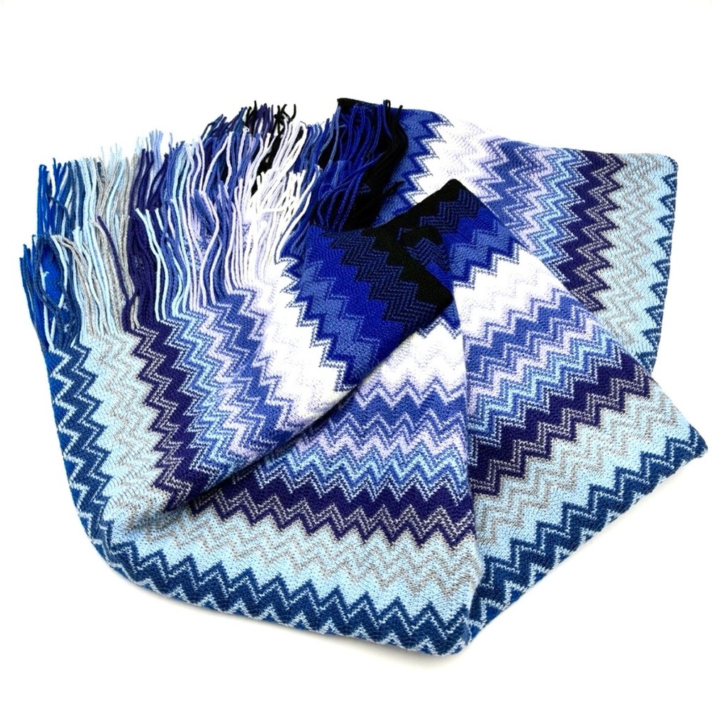 Missoni Chevron Patterned Blue Scarf, Large 17” x 72” With Fringes